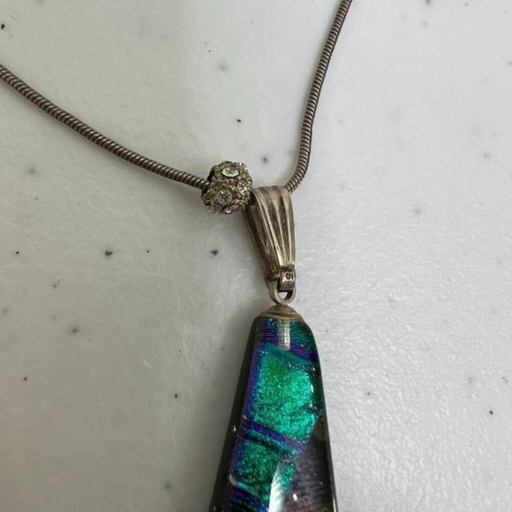 Fused Glass Necklace Geometric Blue‎ Dichroic Sterling Silver 925 Chain Stripe - Picture 3 of 10